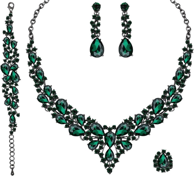 CSY 4 Pcs/Set Austrian Crystal Necklace Earrings Bracelet Ring Bridal Jewelry Sets for Brides Wedding Party Costume Accessories Gifts for Women - Image 1